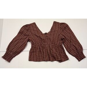 Madewell Plaid Peplum Blouse Top L Long Sleeve Smocked Cuffs Cotton V-Neck Brown